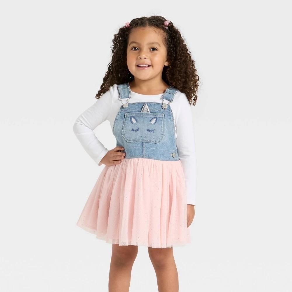 OshKosh Bgosh Toddler Girls Unicorn Denim Tulle Skirtall Dress Pink Blue 2T